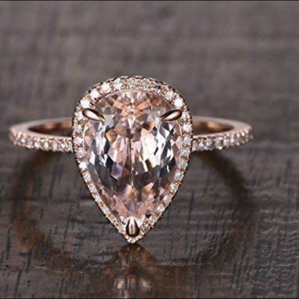 18K Rose Gold Pear Shaped Morganite Diamond Engagement Ring - Statement Ring
